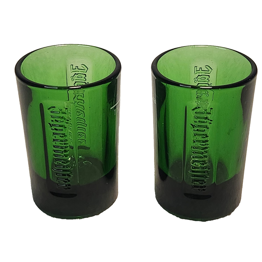 Jagermeister Set of 2 Shot Glasses Green Glass Embossed Logo German Jager Liquor